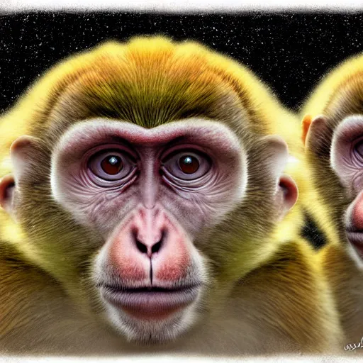 Image similar to two macaques looking at each other inside alien base, digital art, soft shadows, creepy art