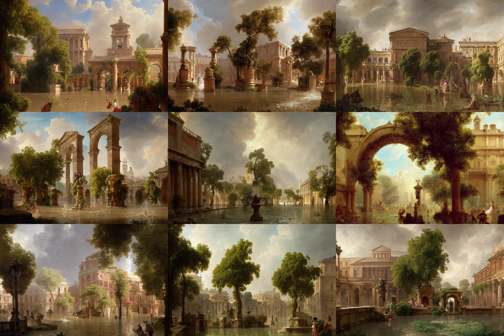 Prompt: colonial fountains of water flooding a town square, stoic, archways made of lush greenery, aqueducts, light dust, magnificent, hyperdetailed, theatrical, close up, masterpiece, painted by jean honore fragonard and greg rutkowski