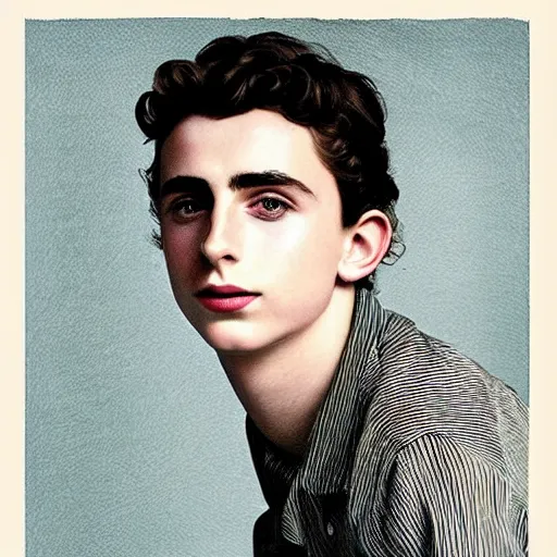 Image similar to “Timothée Chalamet portrait, color vintage magazine illustration 1950”