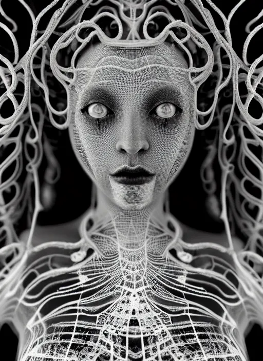 Image similar to surreal mythical dreamy dark artistic black and white fine art photo of a beautiful young female medusa - cyborg covered with translucent algae, highly detailed, intricate crystal ivy jelly fish scales ornate, lace web, poetic, octane render, 8 k, photo - realistic, by man ray