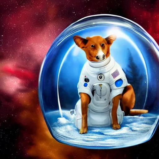 Prompt: a hyper realistic digital painting of a dog in an astronaut suit inside a glass cube floating in space