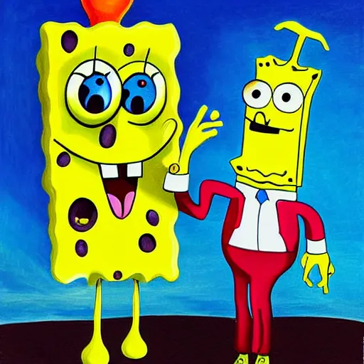 Image similar to surrealist painting of spongebob and patrick, in the style of salvador dali