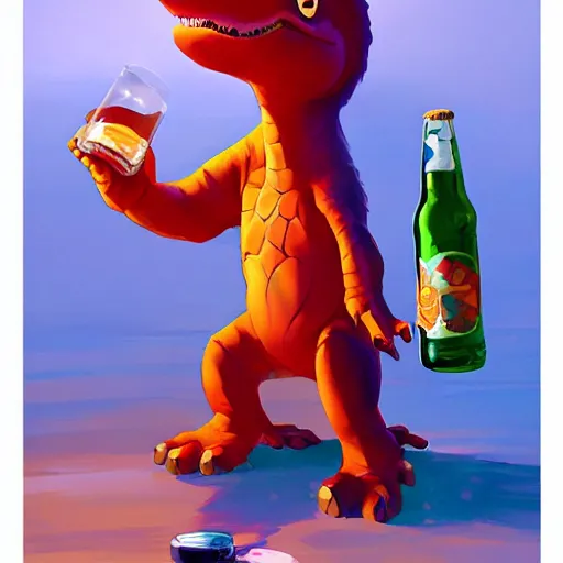 Image similar to barney the dinosaur holding a broken beer bottle, art gta 5 cover, official fanart behance hd artstation by jesper ejsing, by rhads, makoto shinkai and lois van baarle, ilya kuvshinov, ossdraws