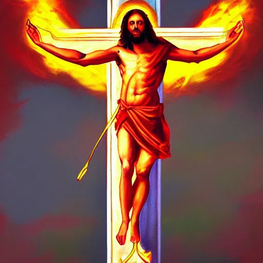 Prompt: Concept art of flaming Jesus on the cross, trending on artstation, oil on canvas, vivid color, ultra detailed.