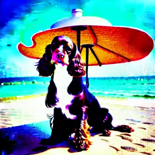 Image similar to cute brown spaniel by the seaside, parasols, bright towels, Coco Dávez style