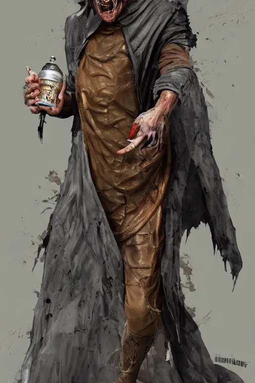 Image similar to A deranged filthy man looking like Willem Dafoe wearing long dark damaged ripped robes showing an alchemist flask, long fingernails, unclipped fingernails, sharp fingernails, focus on face, sharp focus, digital painting, trending on artstation, concept art, fantasy, medieval, D&D