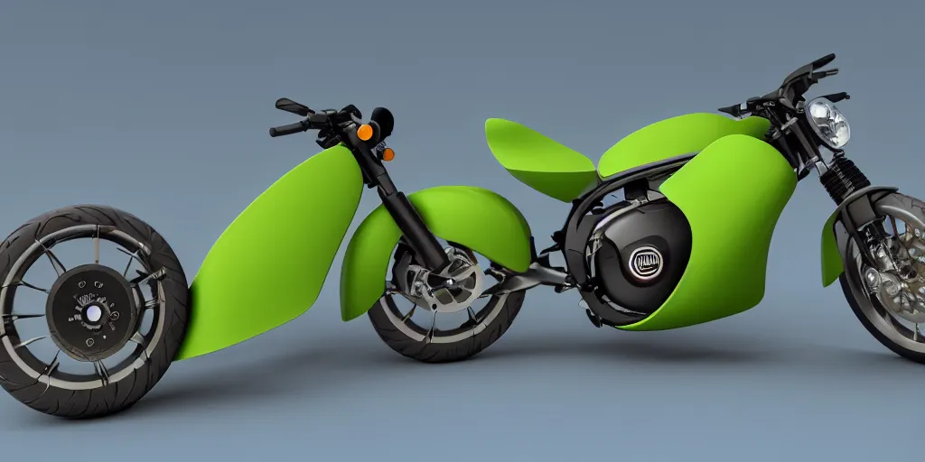 Image similar to a motorbike in the shape an avocado!, vehicle concept photo!!, 8k!!,amazing quality!!! Unreal engine 5!!! Studio lighting!!! Cinema 4D!! Parking garage lighting! Real life picture!!