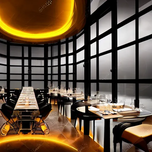 Prompt: modern high end designer restaurant at night in the foggy rain, lovers dining, symmetrical art deco office building with accent lighting, moody, epic composition, professional photograph, highly detailed, warm lighting interior, matte painting, large windows, dramatic lighting, unreal engine