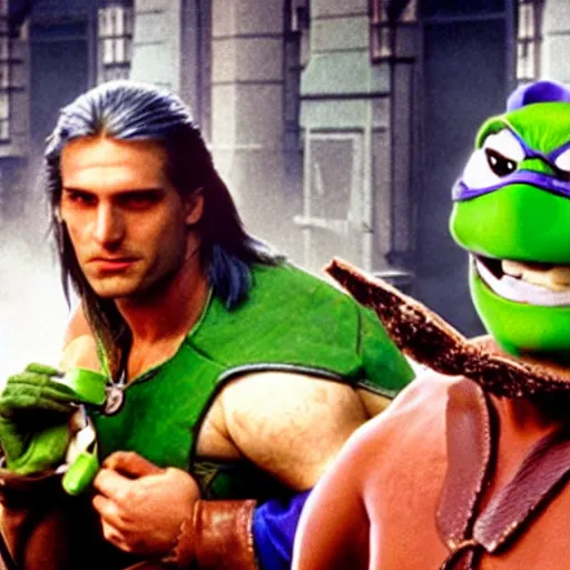 Prompt: production still of Geralt of Rivia and the Teenage Mutant Ninja Turtles eating pizza in the 1990s live action movie