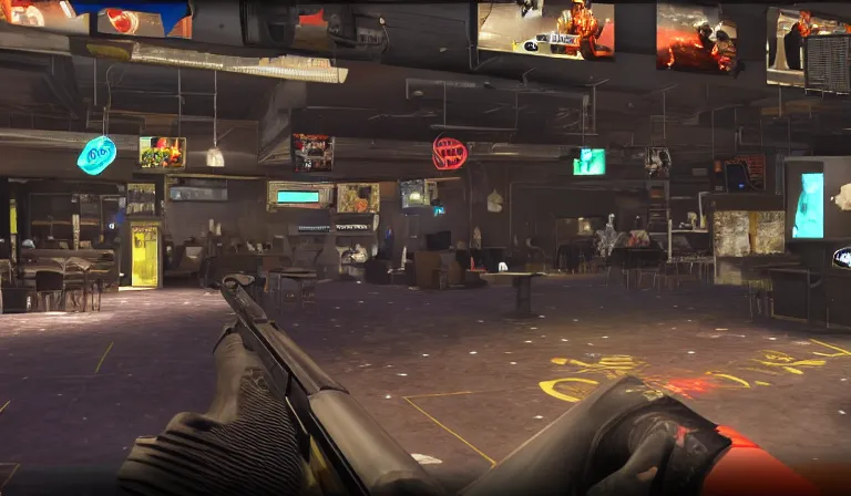 Image similar to screen shot, in the night club, Gun in the lower right corner, COD.