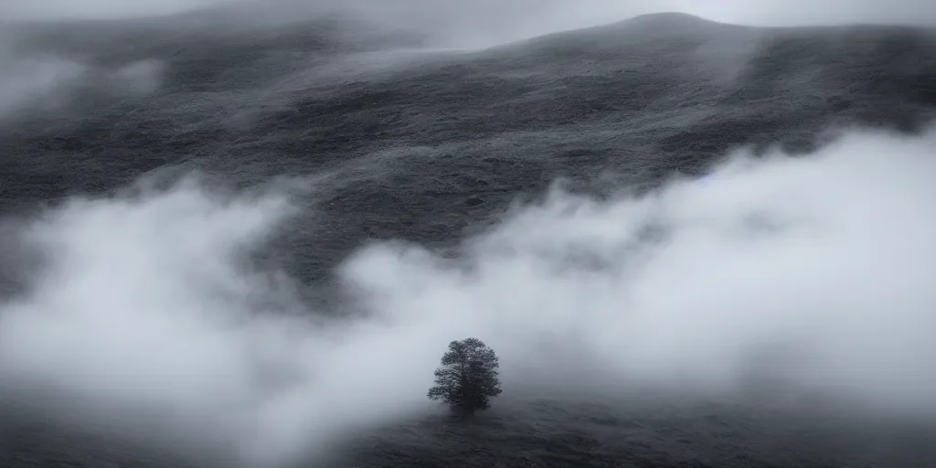 Prompt: Scottish highlands, slight overcast day, fog