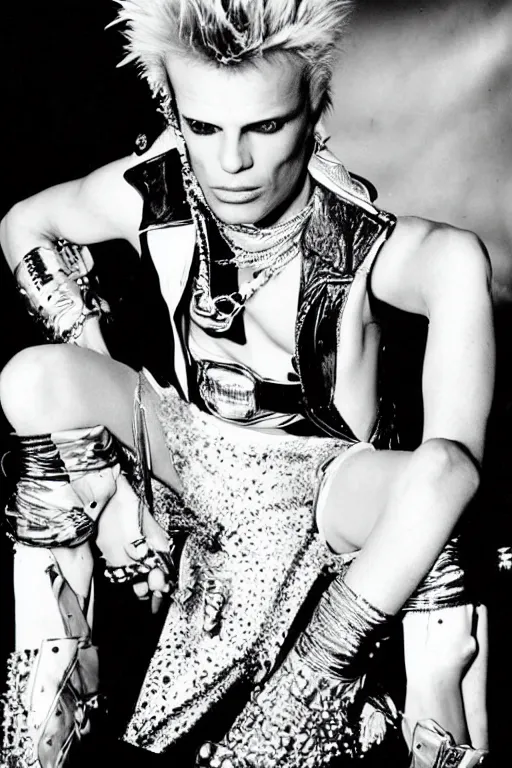 Prompt: portrait billy idol dressed in 1 9 8 1 space fantasy fashion, new wave, psychedelia, shiny metal, standing in a desert