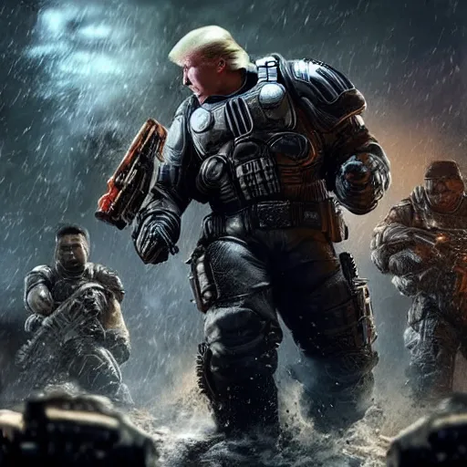 Image similar to Photo portrait of Donald Trump as ((the punisher)) in Gears of War, splash art, movie still, detailed face, photorealistic facial features, cinematic lighting, dramatic, octane render, long lens, shallow depth of field, bokeh, anamorphic lens flare, 8k, hyper detailed, 35mm film grain