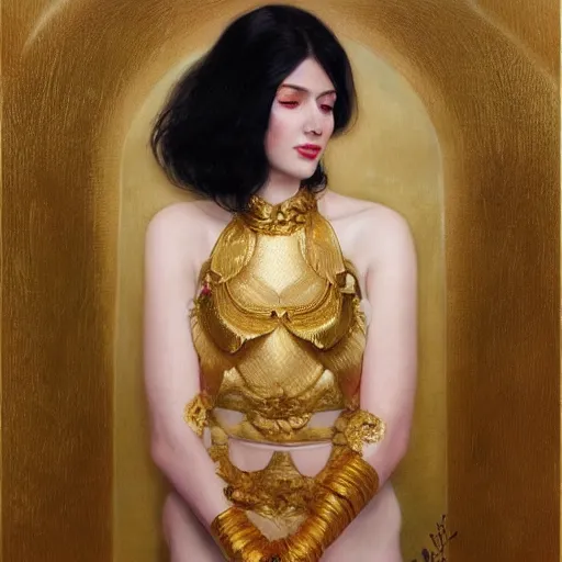 Image similar to portrait of a smiling, beautiful, pale skin eastern european female with long black hair, dark brown eyes, elegant clothing, photorealistic, highly detailed, artstation, smooth, sharp focus, gold ornaments, neon lighting, sci - fi, art by gustav klimt, artgerm, greg rutkowski and alphonse mucha