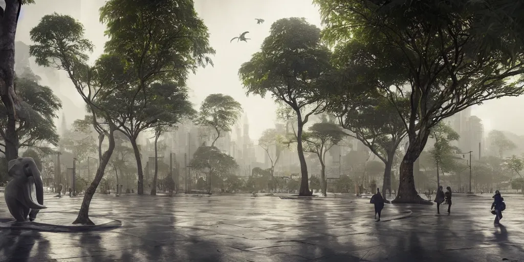 Prompt: A hyperrealistic concept art of a very beautiful thailand winter cityscape, lots of banyan trees and elephant, stunning massive ornately 3d render inspired art by Renato muccillo and Andreas Rocha and Johanna Rupprecht + symmetry + natural volumetric lighting, 8k octane beautifully detailed render, post-processing, highly detailed, intricate complexity, epic composition, magical atmosphere, cinematic lighting + masterpiece, trending on artstation