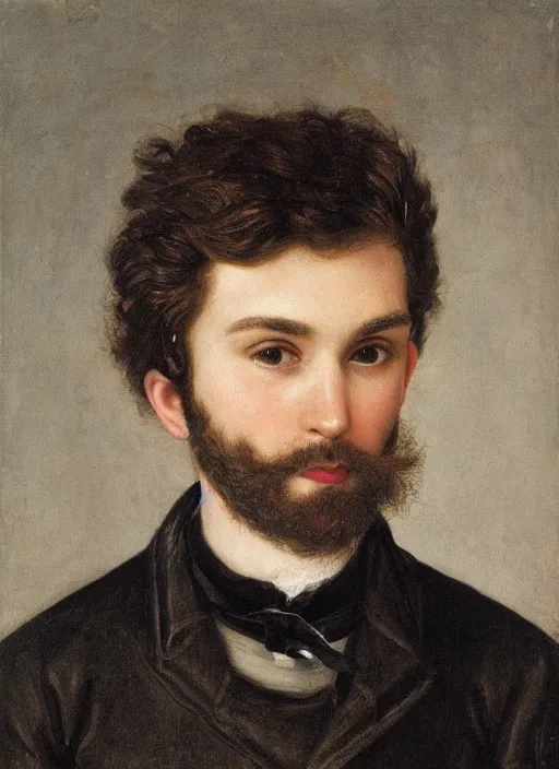 Image similar to portrait of handsome young elf with brown eyes brown hair and a short neat beard by charles angrand, only one head single portrait, pointy ears, wearing a black leather collared jacket