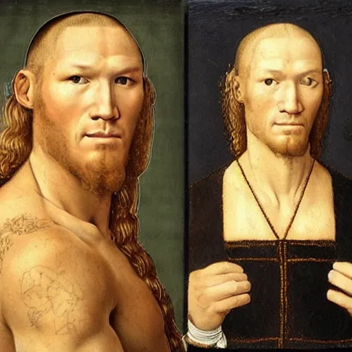 Prompt: a renaissance portrait of Randy Orton with long flaxen blond hair
