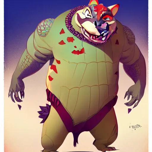 Image similar to in the style of artgerm, loish and ross tran, anthropomorphic alligator, symmetrical face, symmetrical eyes, red scales on his back, yellow scale on his belly and chest, male, waring a hawaiian shirt, in the style of zootopia