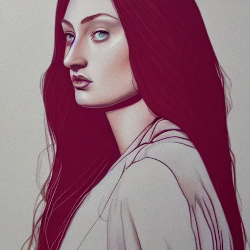 Image similar to sophie turner portrait in detail in block colour by james jean,