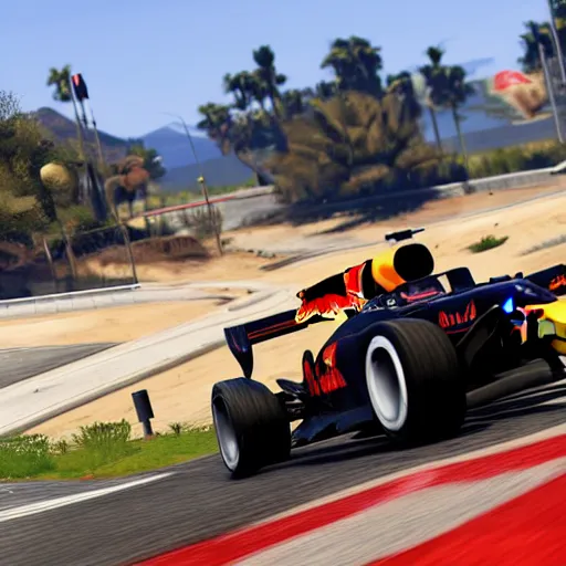 Prompt: Gameplay screenshot of Max Verstappen in GTA V, Grand Theft Auto, Red Bull