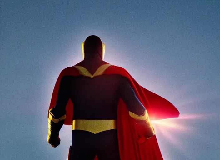 Image similar to symmetry!! a 3 5 mm photo from the back of a superhero wearing a cape, splash art, movie still, bokeh, canon 5 0 mm, cinematic lighting, dramatic, film, photography, golden hour, depth of field, award - winning, anamorphic lens flare, 8 k, hyper detailed, 3 5 mm film grain