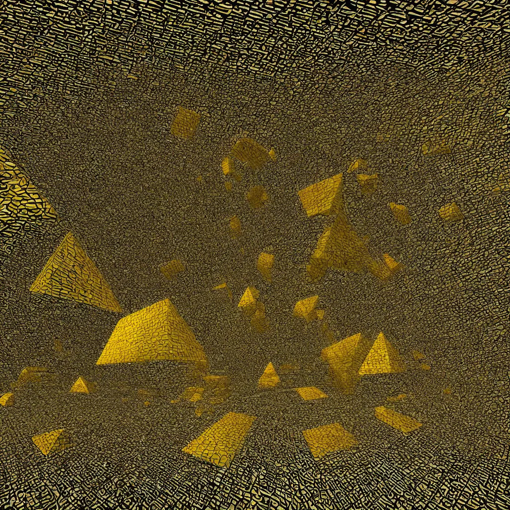 Image similar to “ a surface contradicting itself, cubes laying down in a paradox, golden pyramid exists, highly detailed in 4 k ”