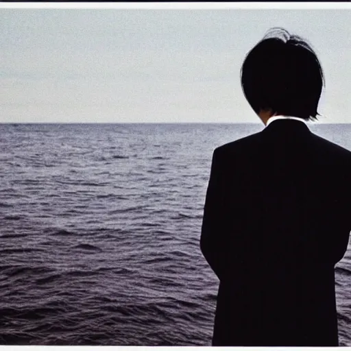 Image similar to japanese man with long hair in a suit standing in the ocean looking at the camera, wide shot, far!!!!!!! away, zoomed out, distance!!!!!!! shot, sunset, centered, album cover, 1980, tatsuro yamashita, ride on time