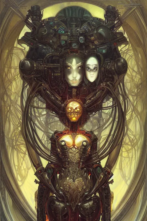 Prompt: portrait of mad alien robot queen, symmetrical, by yoichi hatakenaka, juan gimenez, brom, karol bak, alphone mucha, gustave dore