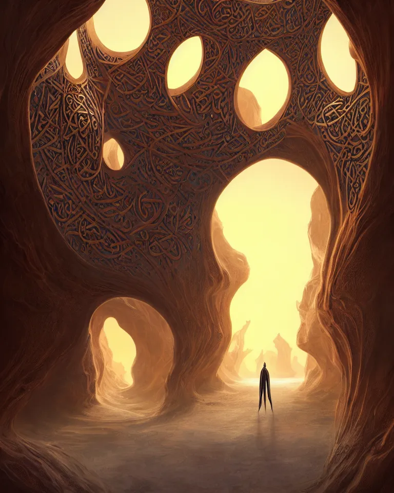 Image similar to a surreal islamic style ornamental gate in the desert opens into an other dimension with different alien landscape. by vincent di fate and james jean. ornament, intarsia, portal, doorway, dynamic lighting, ambient lighting, atmospherical, photorealistic fantasy concept art, trending on art station, stunning visuals, creative, cinematic, ultra detailed