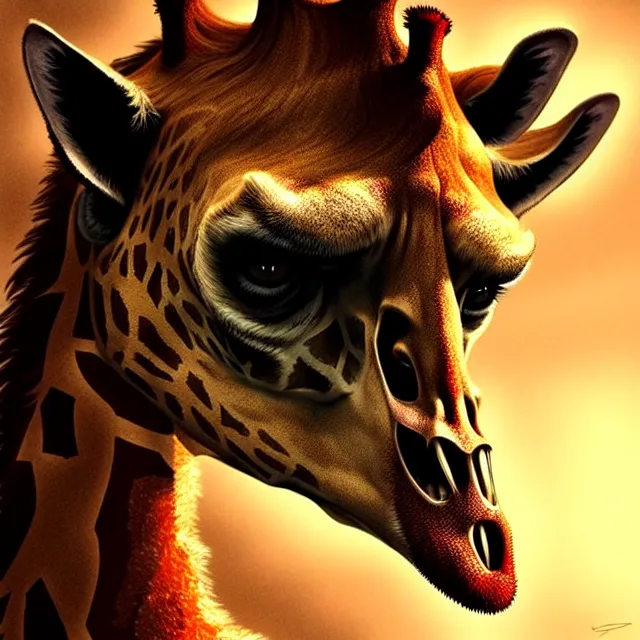 Prompt: portrait, mutant bear-giraffe chimera, very fine tip digital airbrush, dramatic lighting, cinematic lighting, post processed, concept art, artstation, cgsociety, wlop, Behance, pixiv, cosmic, epic, stunning, gorgeous, much detail, much wow, masterpiece