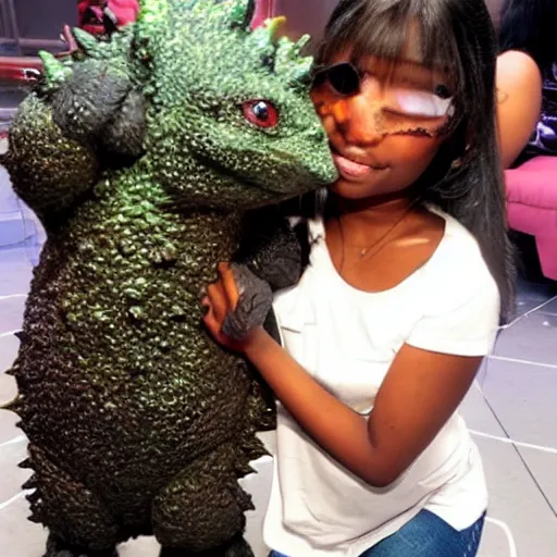 Image similar to Dark skinned girl pets Chibi Godzilla