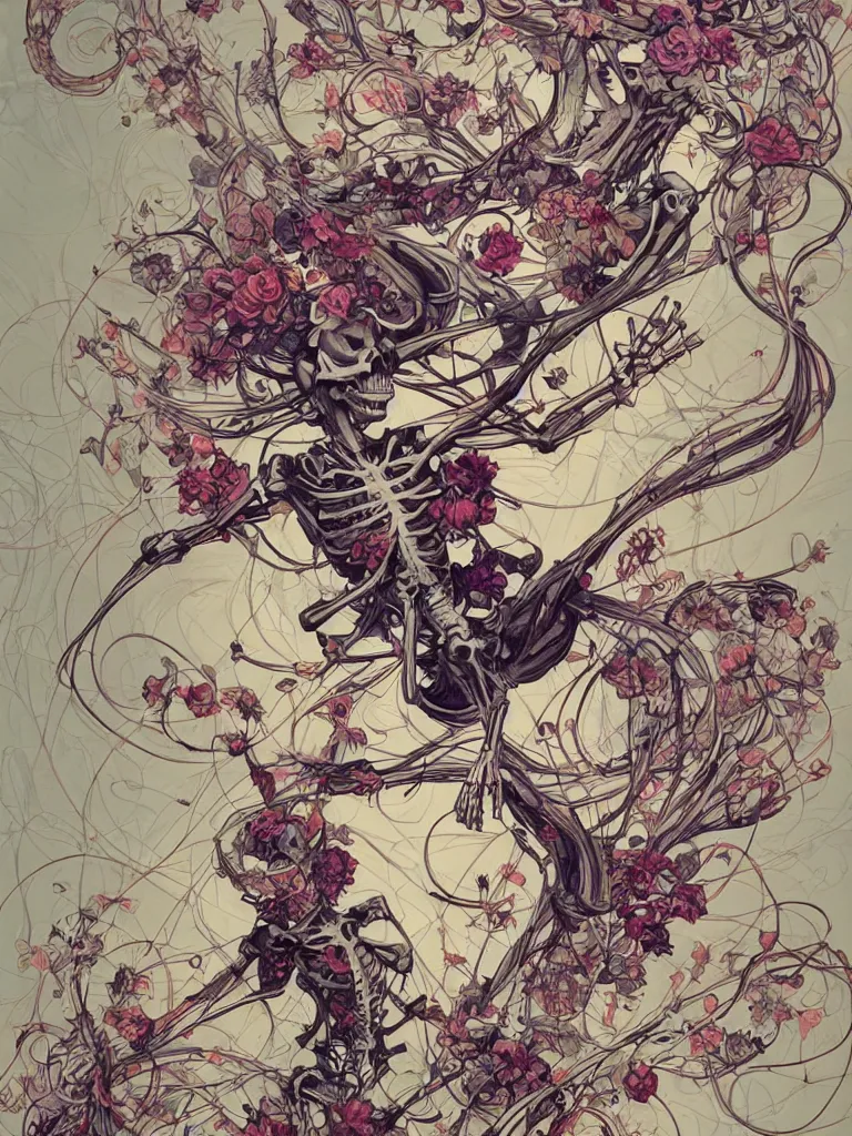 Image similar to a skeleton covered in flowers in a dynamic pose, art nouveau, james jean, peter mohrbacher, highly detailed, soft lighting,