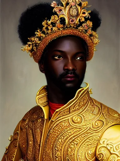 Image similar to rococo portrait of a black prince wearing a golden crown with pastel flowers, highly detailed, symmetrical, realistic, 8 k, digital painting, art by krenz cushart, kehinde wiley, artem demura