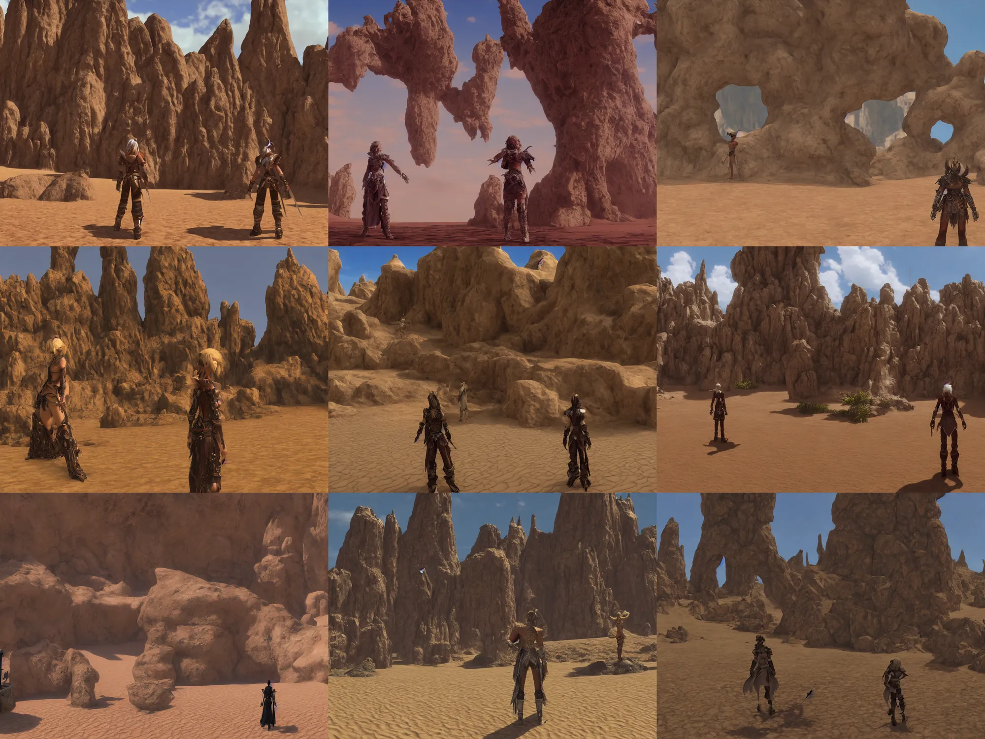 Prompt: player standing at the entrance of a beautiful isolated sacred spiritual fantasy alien village in a vast sand desert, 3 rd person action adventure, screenshot, gameplay, final fantasy, square enix, squaresoft, jrpg, unreal engine, 4 k, ultra high settings, rtx, next gen graphics, playstation 5