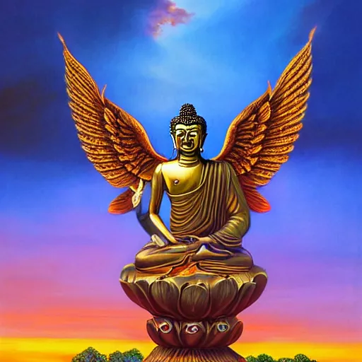 Image similar to Buddha with wings, flapping its wings flying in sunset sky, oil on canvas, portrait, intricate, 8k highly professionally detailed, HDR, CGsociety