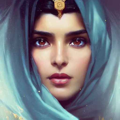 Prompt: a Photorealistic dramatic render of greek arab ameera al taweel, blue eyes, wavy black hair, golden veil, by WLOP, Artgerm, Greg Rutkowski, Alphonse Mucha, Beautiful dynamic dramatic dark moody lighting,shadows,cinematic atmosphere,Artstation,concept design art,Octane render,8K