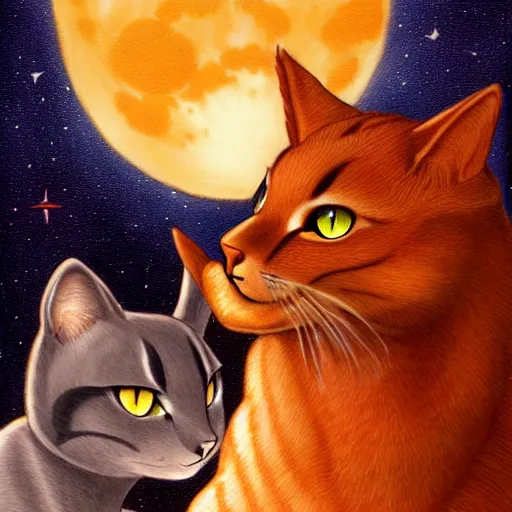 Image similar to Firestar and Ravenpaw sitting next to each other looking into the Moon, Warrior cats, Back side view, Erin Hunter, wholesome, high detail, forest scenery, Moon view, illustration of 2 cats, trending on artstation, beautiful Paintings