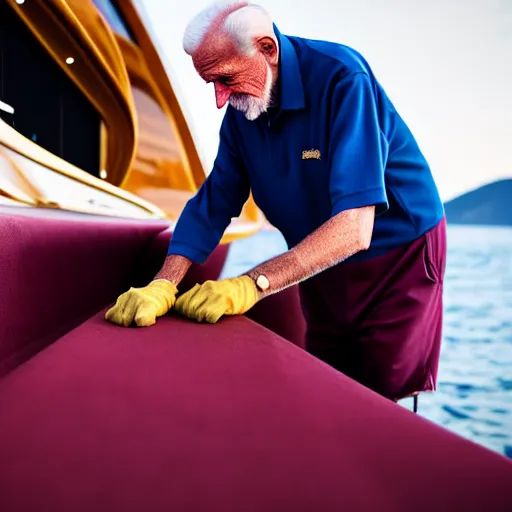 Prompt: wrinkled hunchbacked old man in musty burgundy suit, polishing painting the side of a gold plated mega yacht with a cloth, maintenance photo