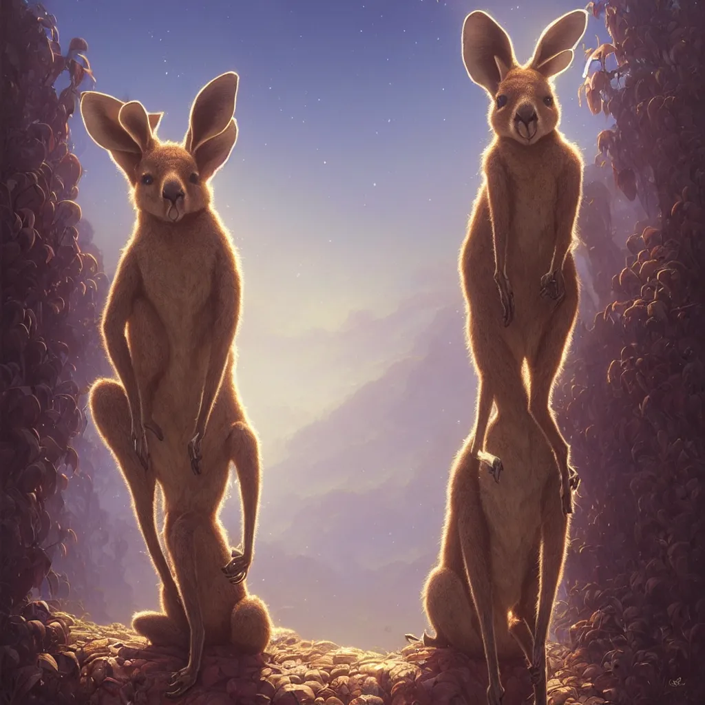 Image similar to Highly detailed portrait of a single Kangaroo wearing a Crown, Stephen Bliss, unreal engine, fantasy art by Greg Rutkowski, Loish, Rhads, ferdinand knab, Makoto Shinkai and Lois van baarle, ilya kuvshinov, rossdraws, Tom Bagshaw, alphonse mucha, global illumination, radiant light, detailed and intricate environment