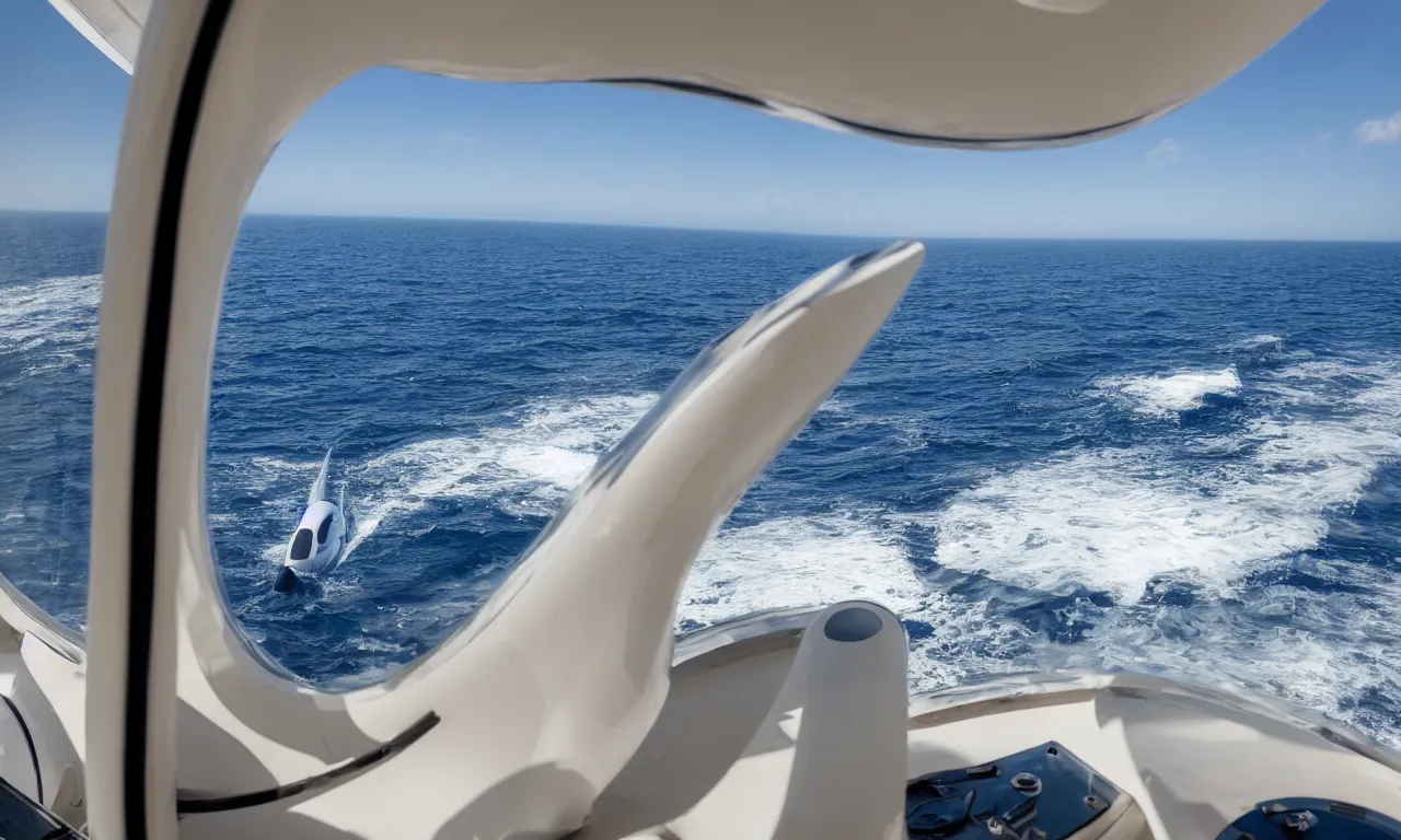 Prompt: view through the horizontal big oval window of Gulfstream G650 at the sea, man unfocused, sea in the focus, super yacht on a horizon, summicron 35mm f/2