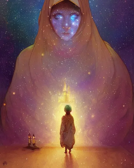 Image similar to bedouin child praying in galaxy walking towards mosque surrounded by nebula, highly detailed, gold filigree, romantic storybook fantasy, soft cinematic lighting, award, disney concept art watercolor illustration by mandy jurgens and alphonse mucha and alena aenami, pastel color palette, featured on artstation