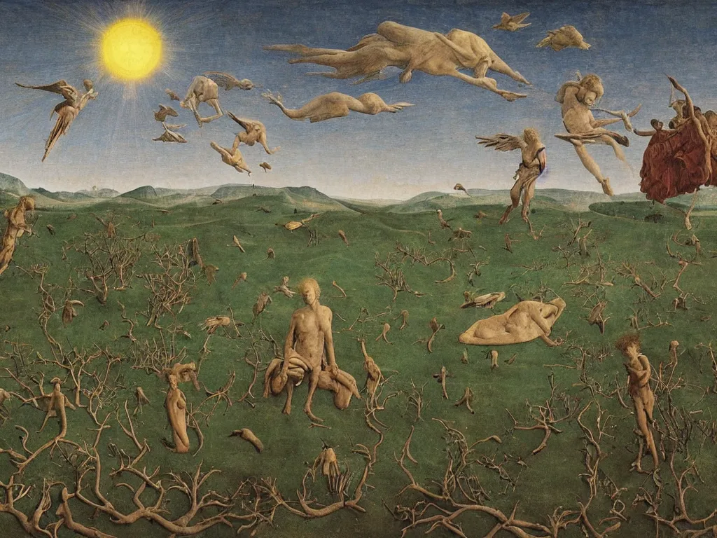 Prompt: the limitless plains of reptilian sorrow. Night of the star gazer. God trapped in the mud. Flock of birds. Painting by Jan van Eyck, Fra Filippo Lippi, Rene Magritte, Agnes Pelton, Max Ernst, Beksinski