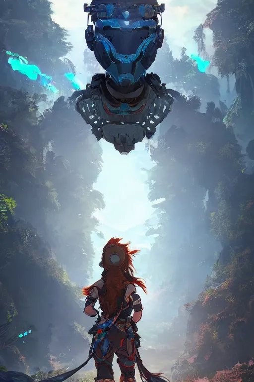 Image similar to combination suit armor aloy horizon forbidden west horizon zero dawn radiating a glowing aura global illumination ray tracing hdr fanart arstation by ian pesty and alena aenami artworks in 4 k tribal robot ninja mask helmet backpack