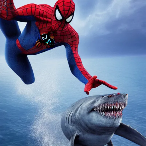 Image similar to a portrait of Spiderman punching a shark in the middle of the ocean, 8k, ultrarealistic, trending on artstation, ultradetailed, octane render,