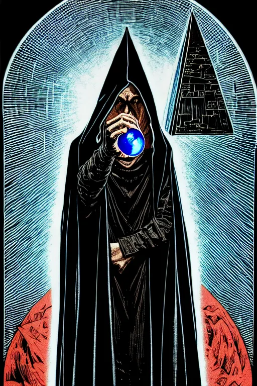 Image similar to wizard in a hooded cloak gazing into a crystal ball, high details, intricately detailed, by vincent di fate, 3 color screen print, masterpiece, trending on artstation, sharp, details, hyper - detailed, hd, 4 k, 8 k