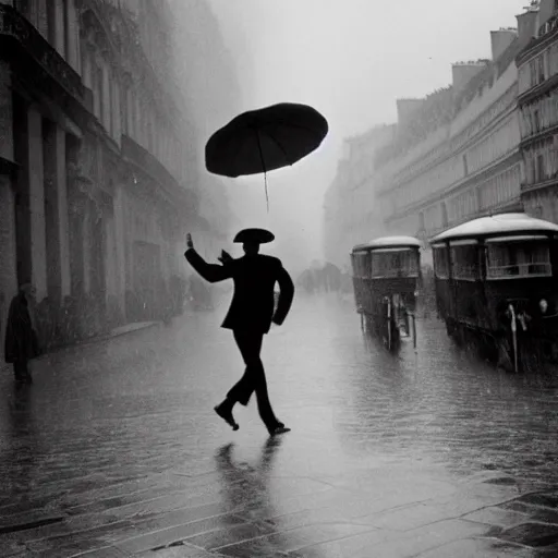 Image similar to the man leaping with an umbrella in a raining paris street, by henri cartier bresson,