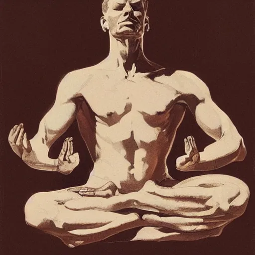 Prompt: man in meditating in new york city view, leyendecker style