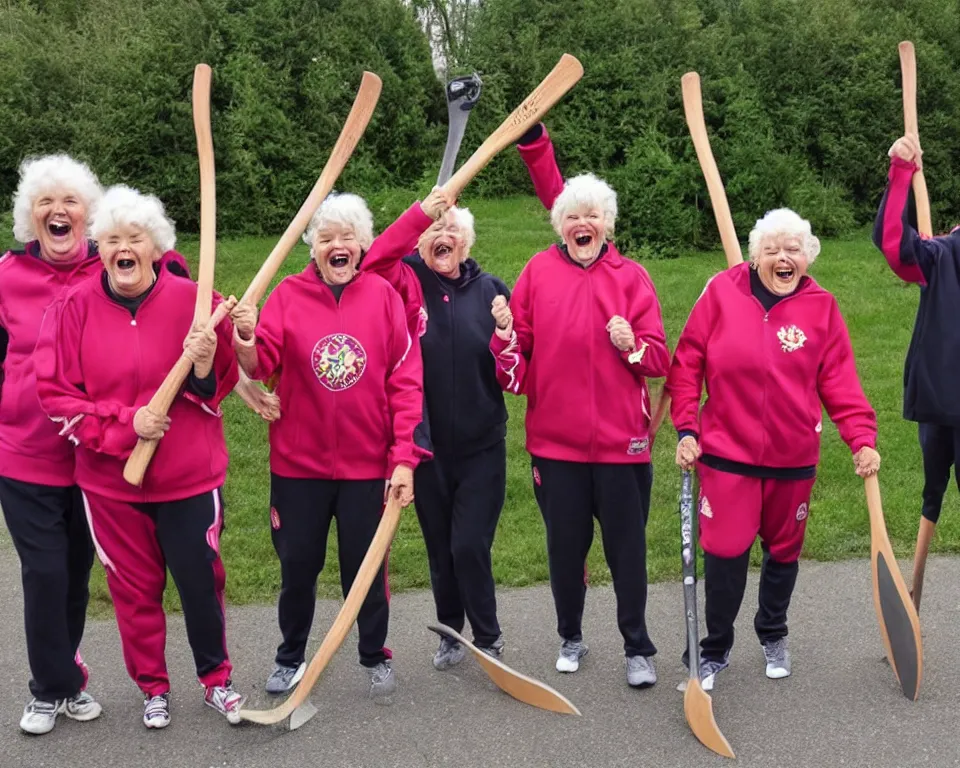 Prompt: a gang of old ladies waving axes, and flowers, and wearing Umbro track suits laughing maniacally and screaming