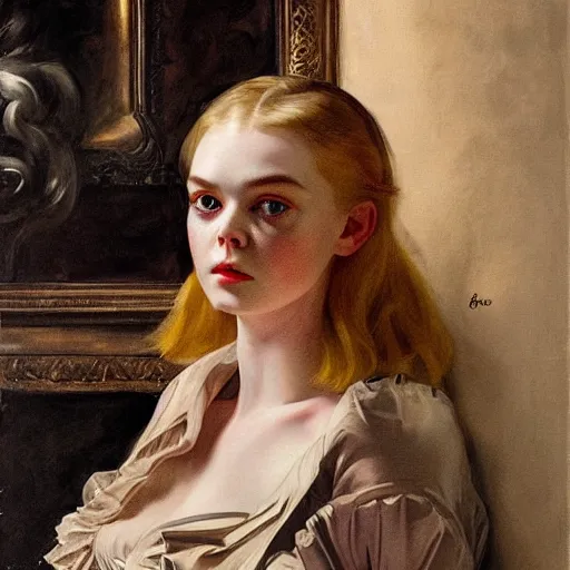 Prompt: elle fanning in prey picture by j. c. leyendecker and peter paul rubens, asymmetrical, dark vibes, realistic painting, organic painting, matte painting, geometric shapes, hard edges, graffiti, street art : 2 by j. c. leyendecker and peter paul rubens : 4