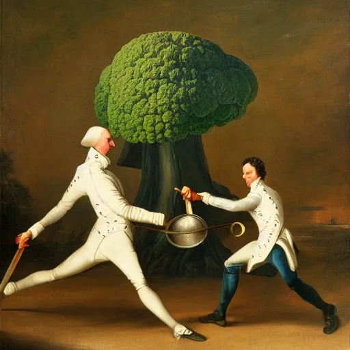 Prompt: a mushroom and a broccoli having a fencing duel painted by alexander hamilton